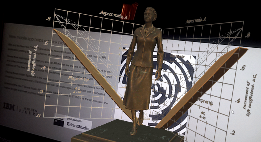 "Hidden Figures" in the New York Times T Brand AR App creates a floating statue of Irmgard Flügge-Lotz, a mathematician specializing in aerodynamics and the first female professor of engineering at Stanford University.
