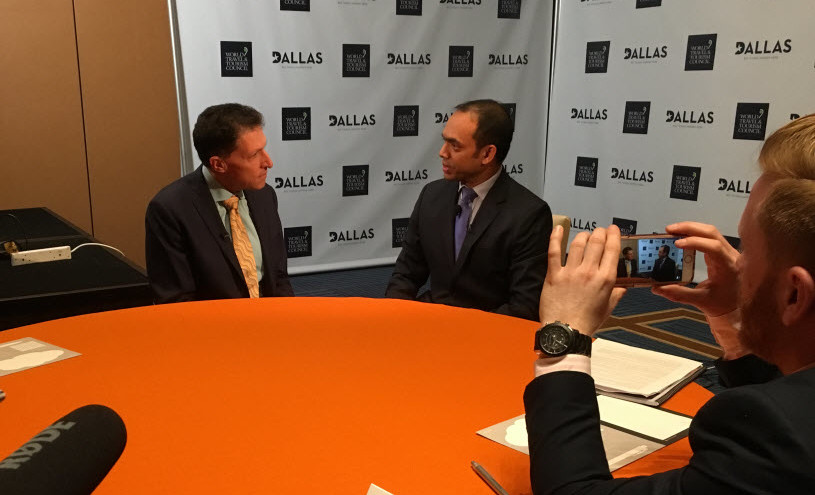 Sabre employee and founder of NGO “A World Without Hate,” Rais Bhuiyan (right) in an interview with Travel Weekly’s Arnie Weissman at the WTTC Summit Dallas 2016.