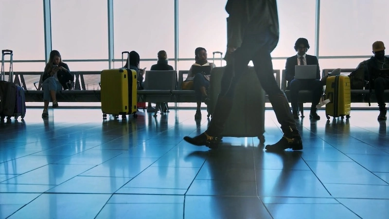 wheeling luggage through terminal