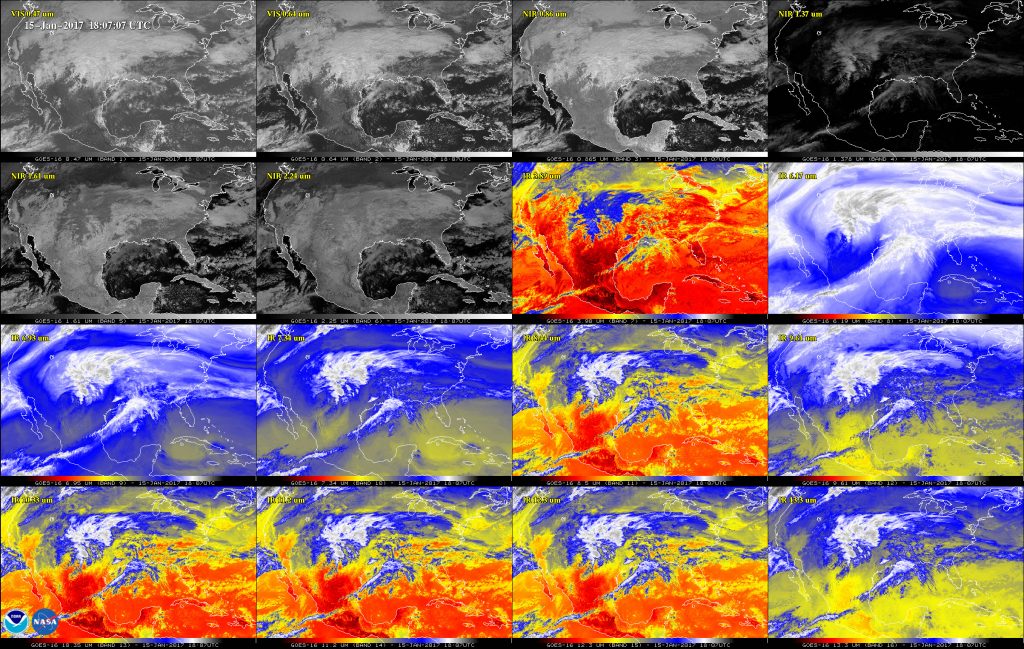 This NOAA image shows how the GEOS-16 ABI captures 16 different channels of information--two visible to the human eye, four near-infrared and 10 infrared channels. According to NOAA, "these channels help forecasters distinguish between differences in the atmosphere like clouds, water vapor, smoke, ice and volcanic ash." Previous generations of GEOS satellites had only 5 channels of information.
